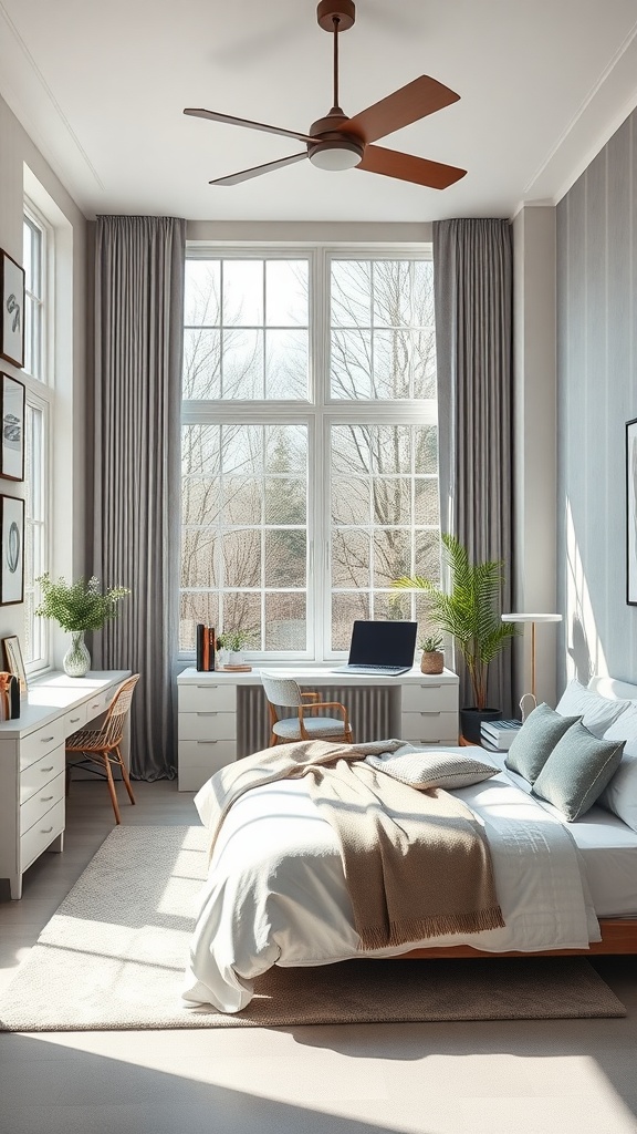 A bright and airy bedroom with large windows, showcasing a workspace and cozy sleeping area.
