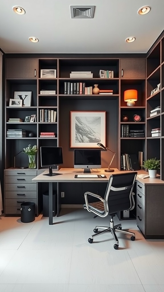 A stylish and organized modern home office with dark shelving, dual monitors, and a cozy desk lamp.