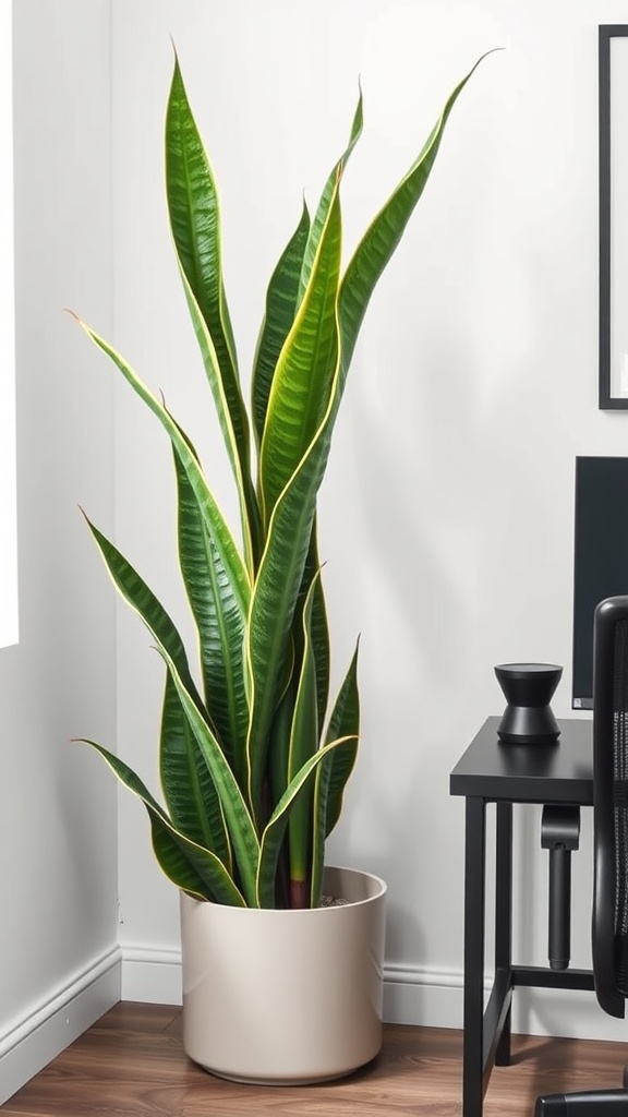A tall snake plant in a corner of a room, showcasing its long green leaves with yellow edges.