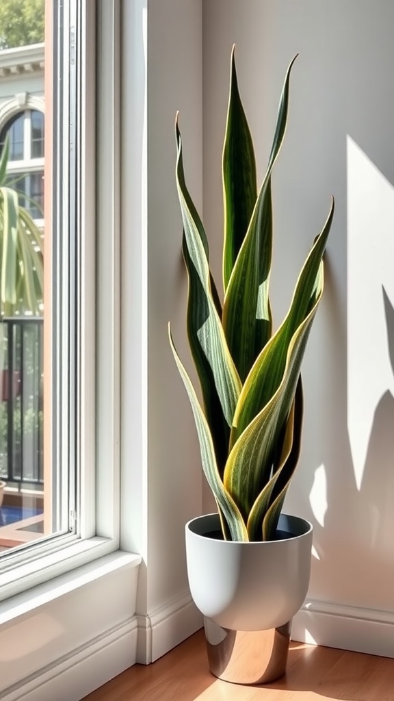A snake plant in a minimalist pot near a window, casting a shadow on the wall.