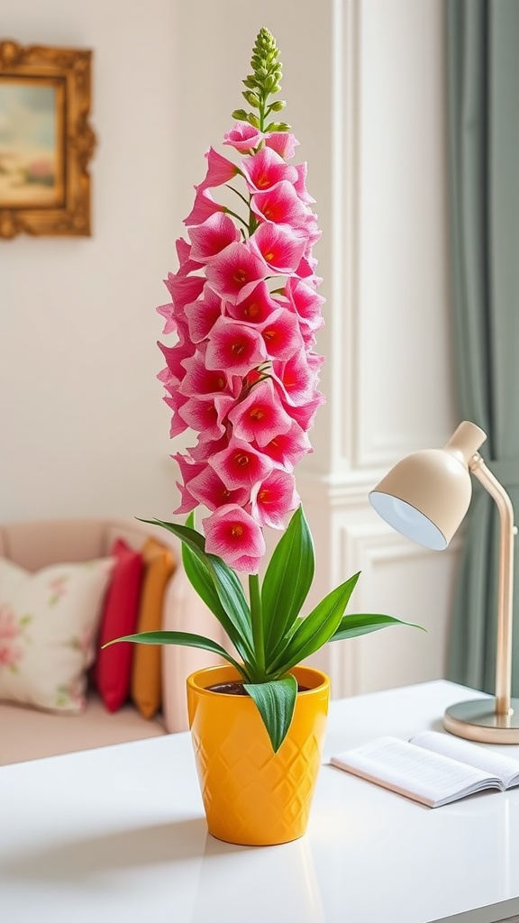 Tall pink snapdragons in a yellow pot on a white desk in a feminine home office