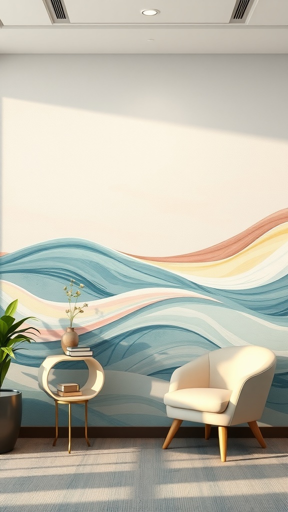 A soft abstract wave mural in a feminine home office with a white chair and a small table.