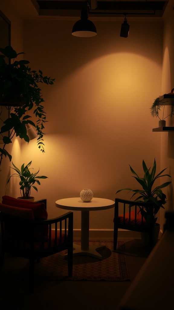 A cozy seating area with soft ambient lighting, featuring two chairs, a table, and plants.