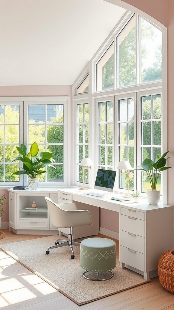 Cozy cottage-style home office with soft colors and natural light