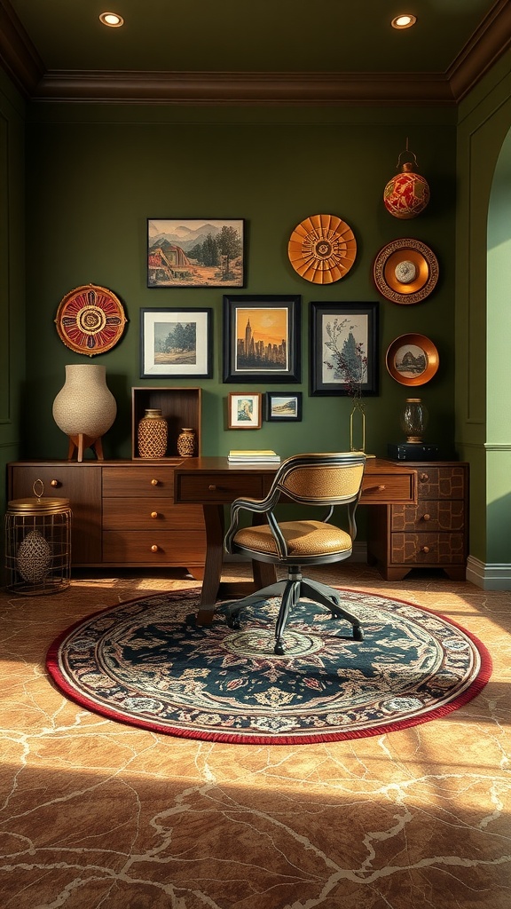 A cozy workspace featuring olive green walls, decorative framed art, a wooden desk with a patterned rug, and soft lighting.
