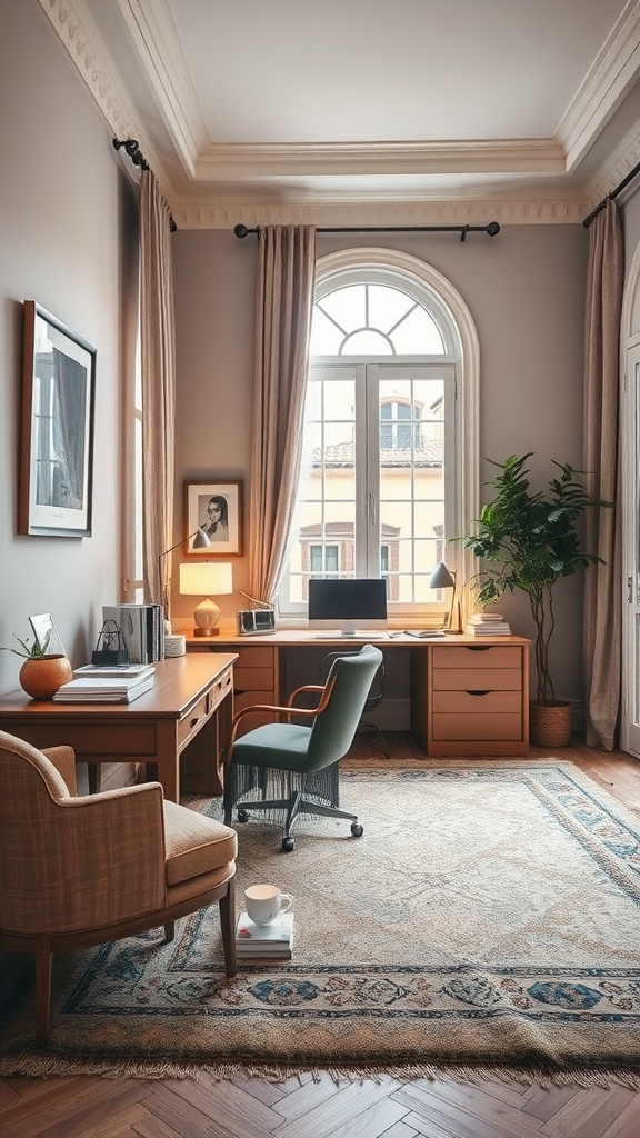 A beautifully designed home office with soft neutral colors, wooden furniture, and natural light.