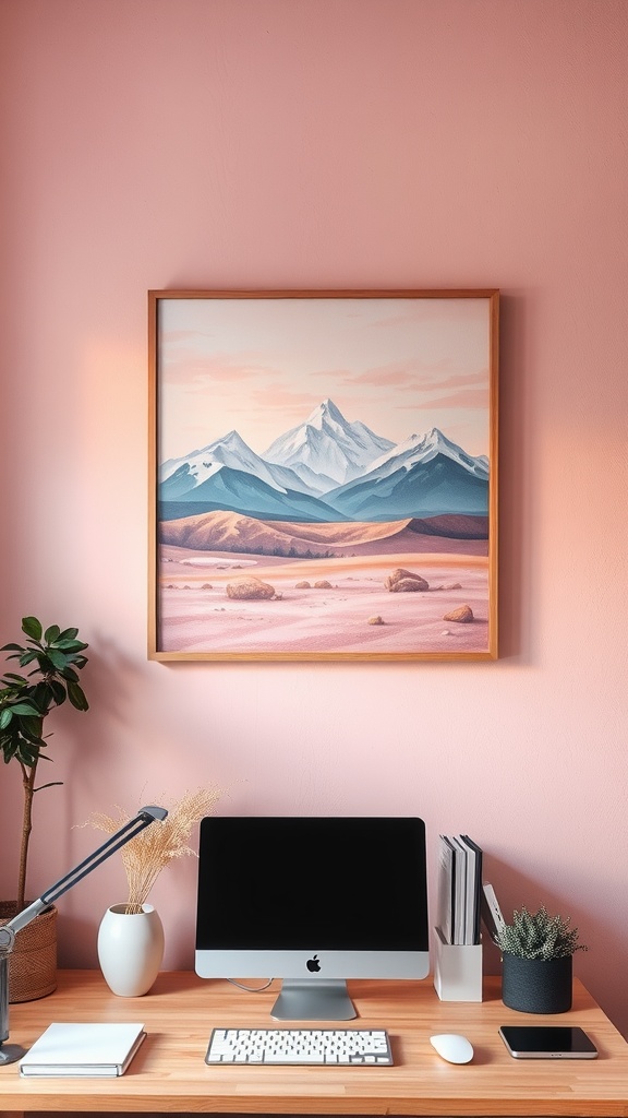 Soft pastel landscape painting above a desk in a feminine home office