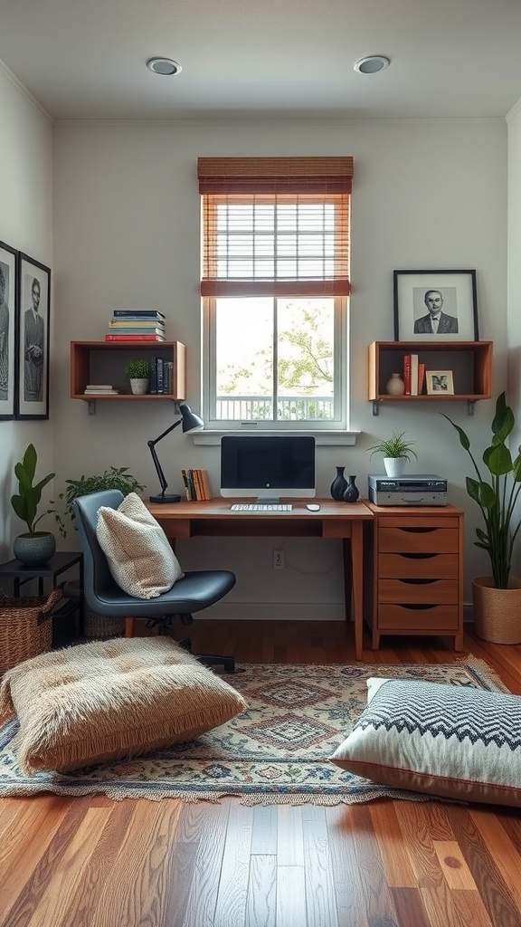 A cozy home office featuring a desk, comfortable chair, soft pillows on the floor, and plants, creating a warm atmosphere.