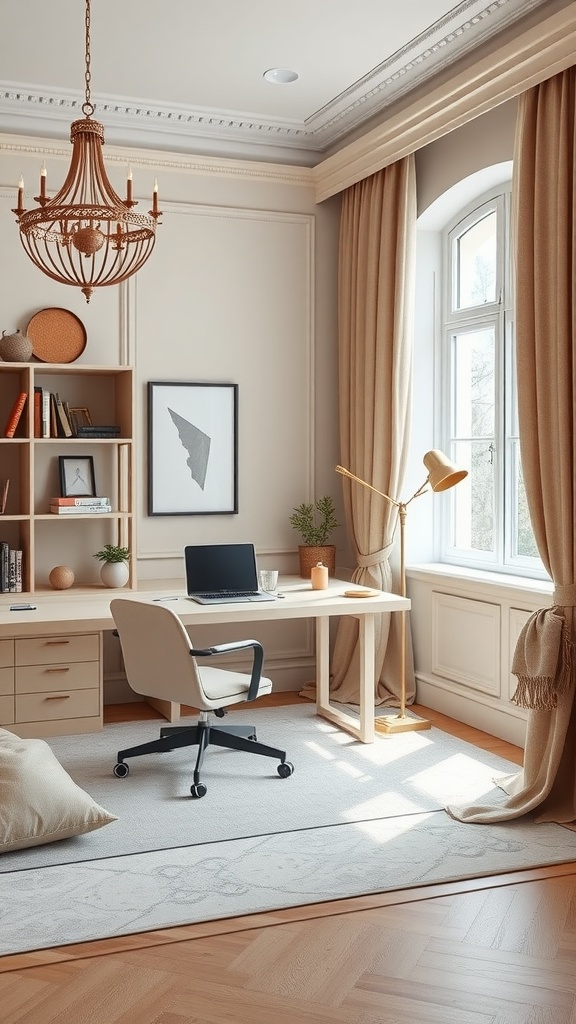 A stylish and cozy modern home office with soft textiles and cushions, perfect for women.