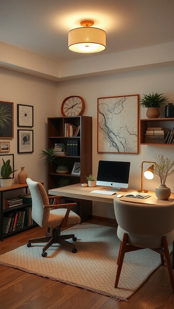 A modern Japandi home office with soft textiles and layered lighting, featuring a cozy chair, a warm ceiling light, and a stylish desk lamp.