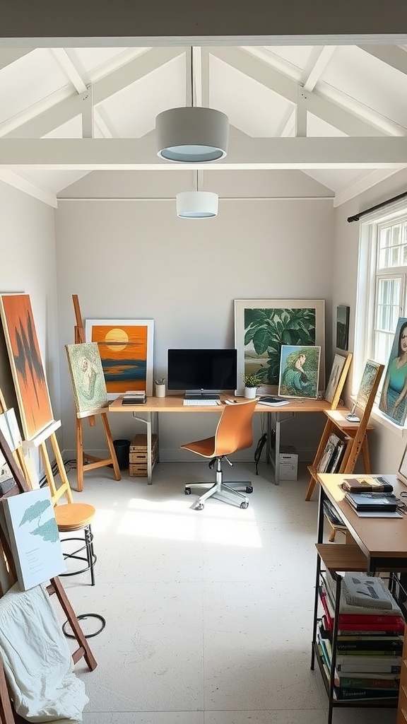 A bright and organized art studio featuring an easel, wooden floors, and framed artworks.