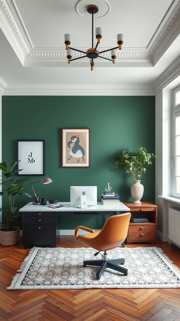 A modern home office featuring a green wall, wooden floor, and stylish furniture.