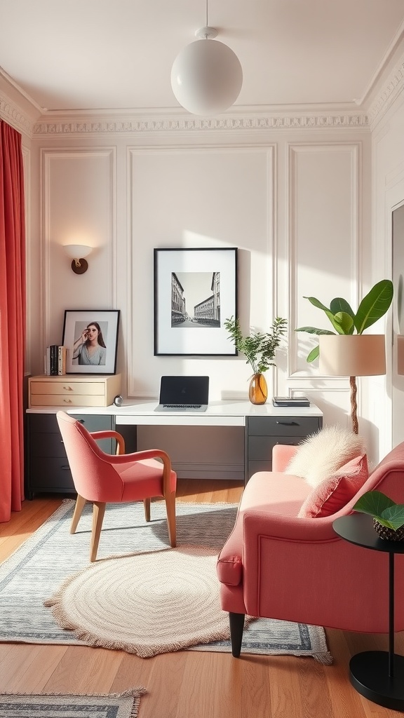 A modern home office featuring coral furniture, a sleek desk, and stylish decor
