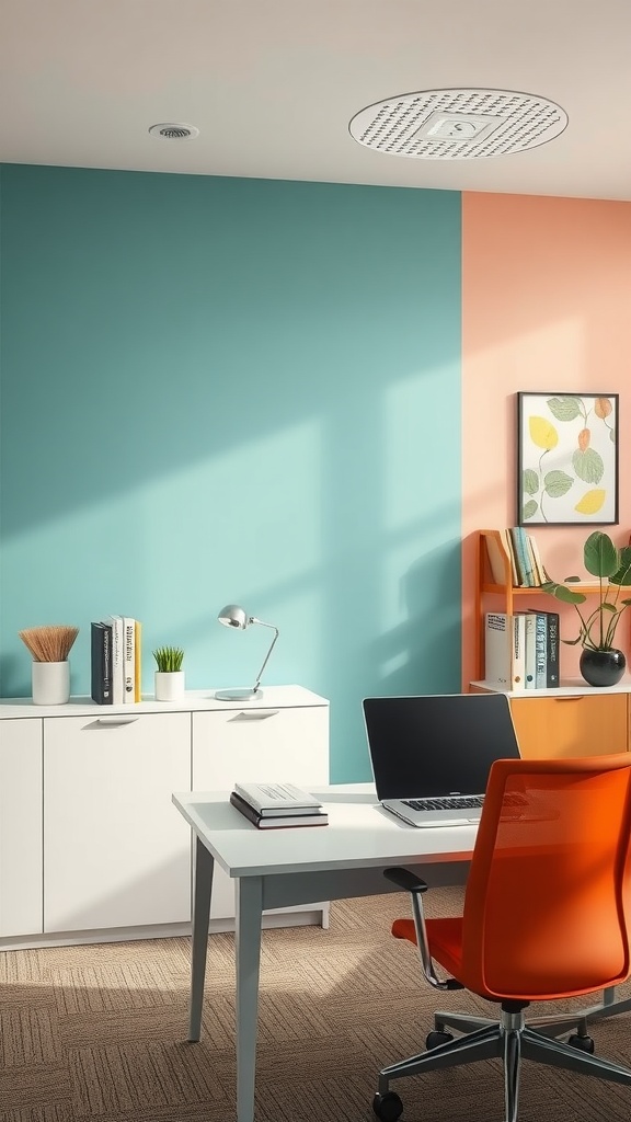 A stylish home office with color-blocked walls in turquoise and peach, featuring a modern desk, orange chair, and decorative elements.