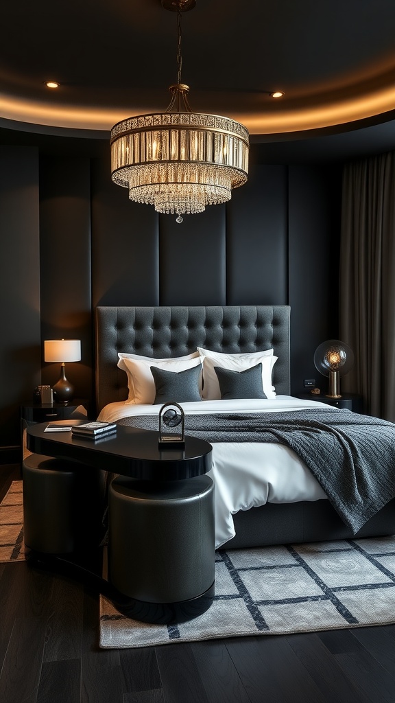 A sophisticated bedroom featuring dark tones, a modern desk, and warm textiles.