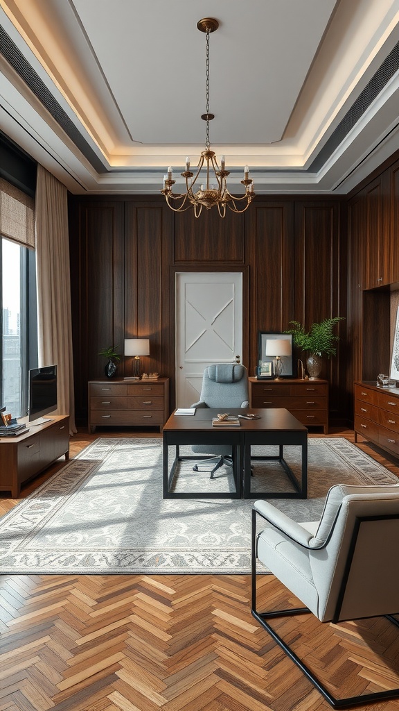 A sophisticated executive office featuring wooden paneling, herringbone flooring, a modern desk, and elegant decor.
