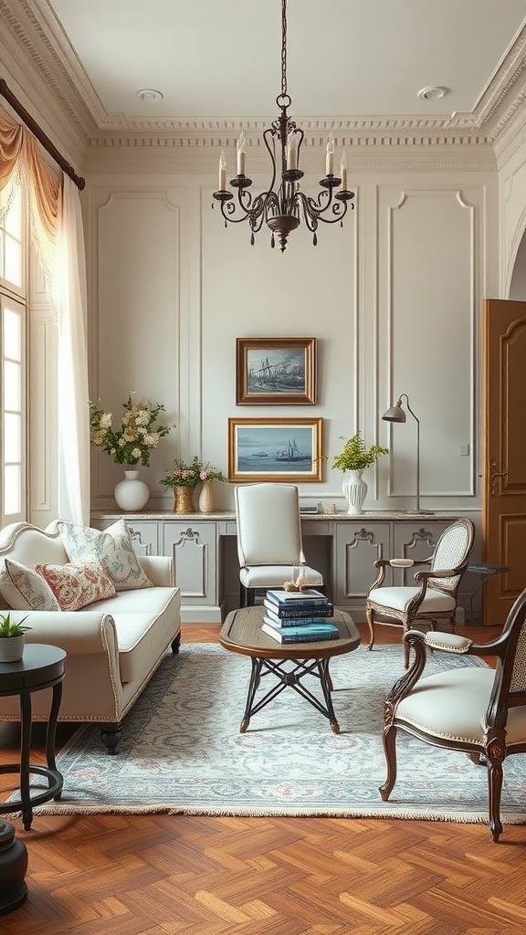A sophisticated French Country style living room with neutral colors, vintage furniture, and a cozy atmosphere.