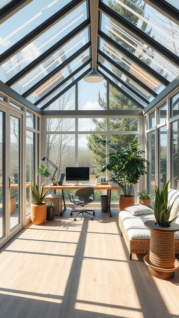 A sophisticated glasshouse sunroom featuring a modern workspace with plants and large glass panels, allowing for plenty of natural light.
