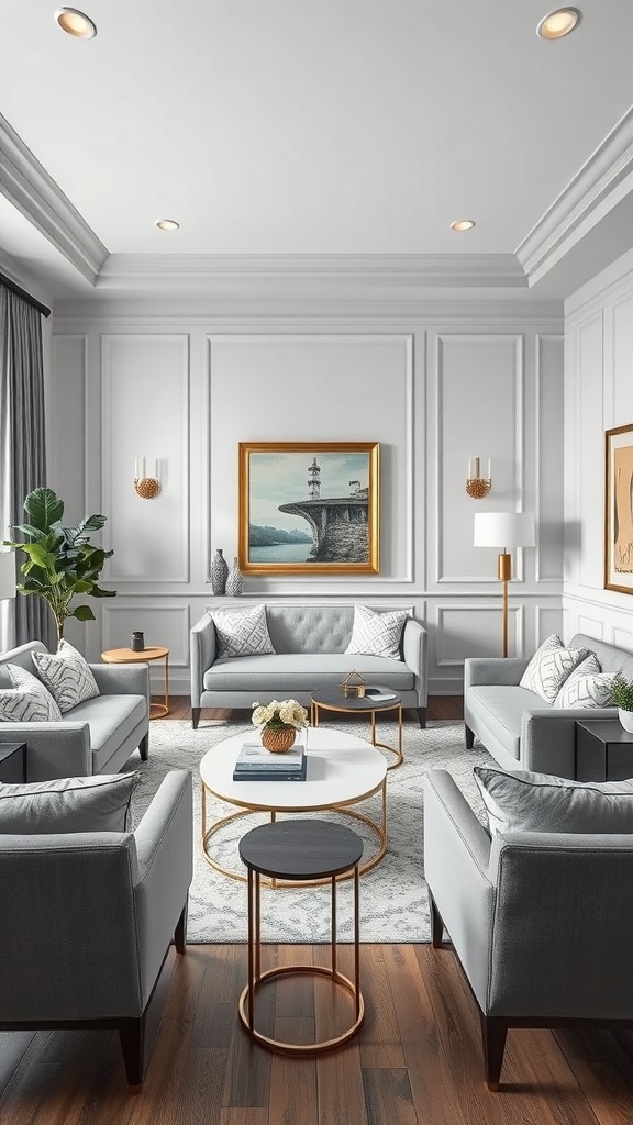 A sophisticated gray and white living room featuring elegant sofas, decorative cushions, and a stylish coffee table.
