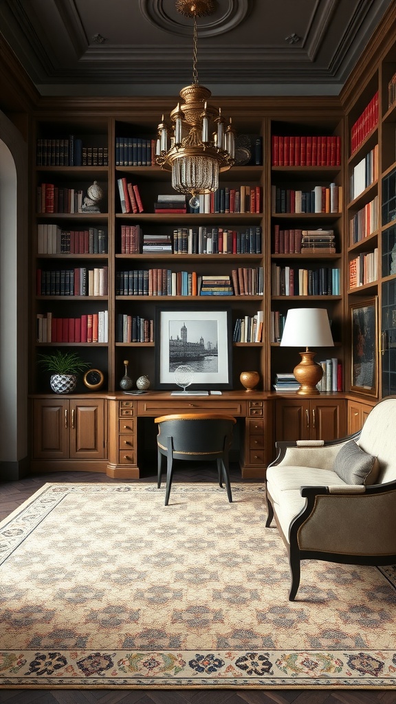 A sophisticated home library featuring wooden shelves filled with books, an elegant chandelier, a cozy chair, and a desk, reflecting Italian interior design.