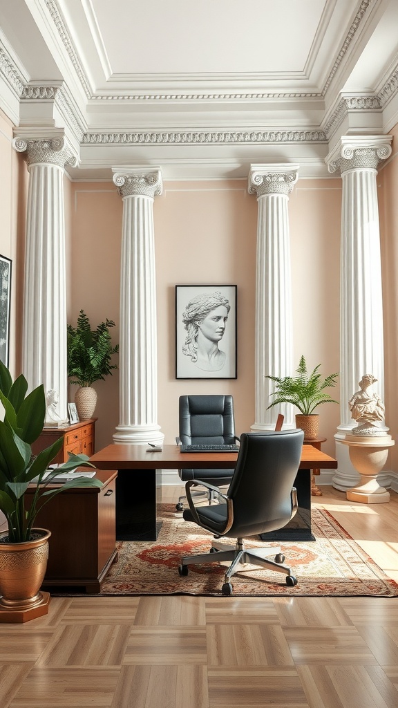 A luxurious home office featuring elegant Ionic columns, a desk, and classical artwork.
