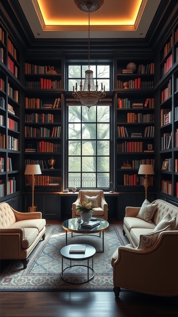 Elegant library with bookshelves, cozy seating, and a chandelier, perfect for a modern home office design.