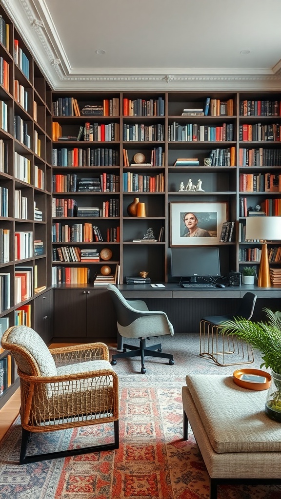 Modern home office with a large bookshelf, sleek desk, and cozy seating