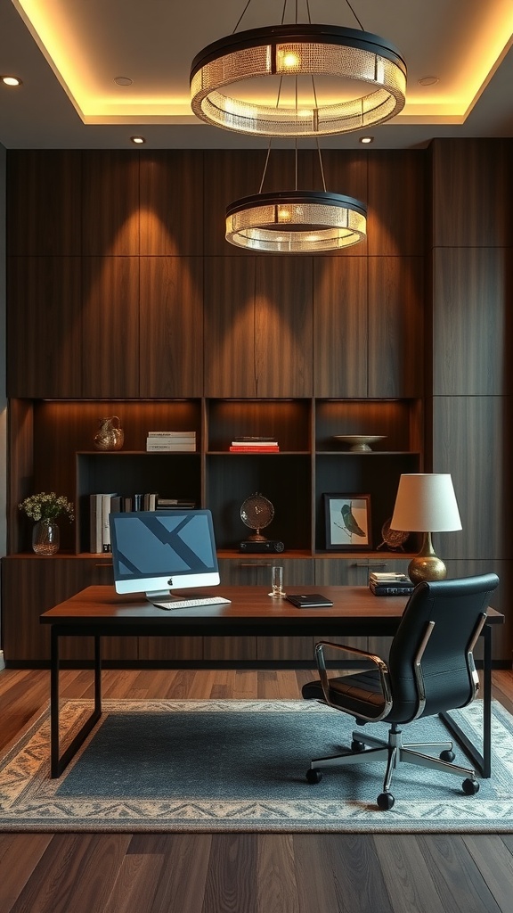 A stylish home office featuring black pendant lights, a wooden desk, and modern decor