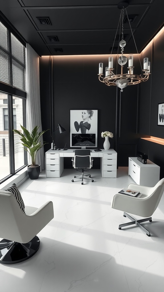 A stylish monochrome home office featuring black walls, white flooring, and chic furniture.