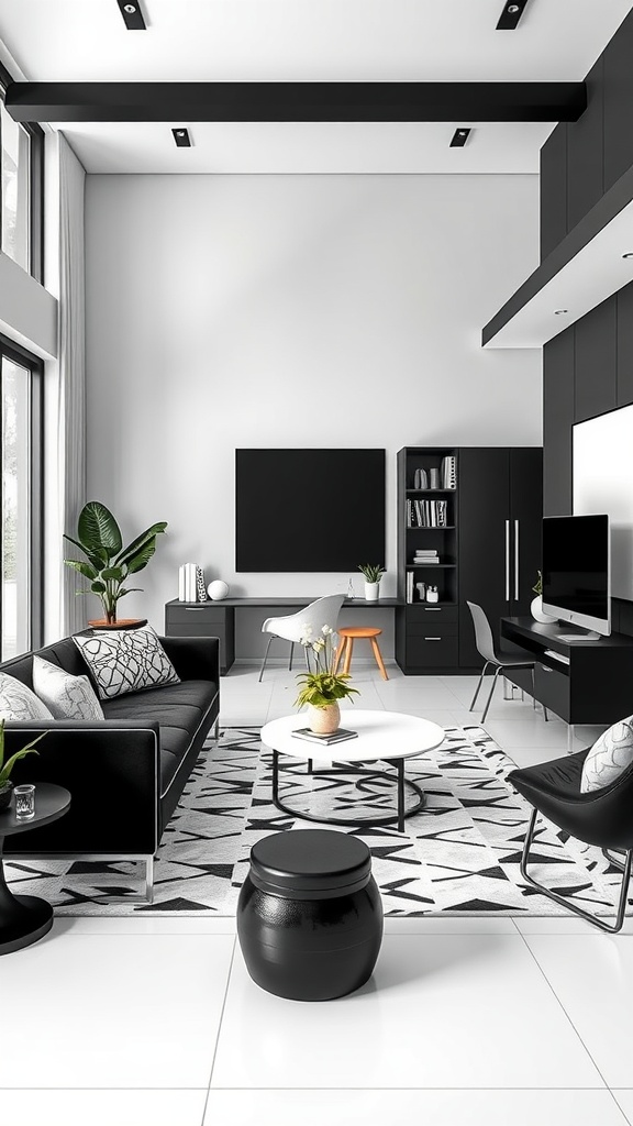 A modern living room with a monochrome palette, featuring black and white furniture, geometric rug, and plants.