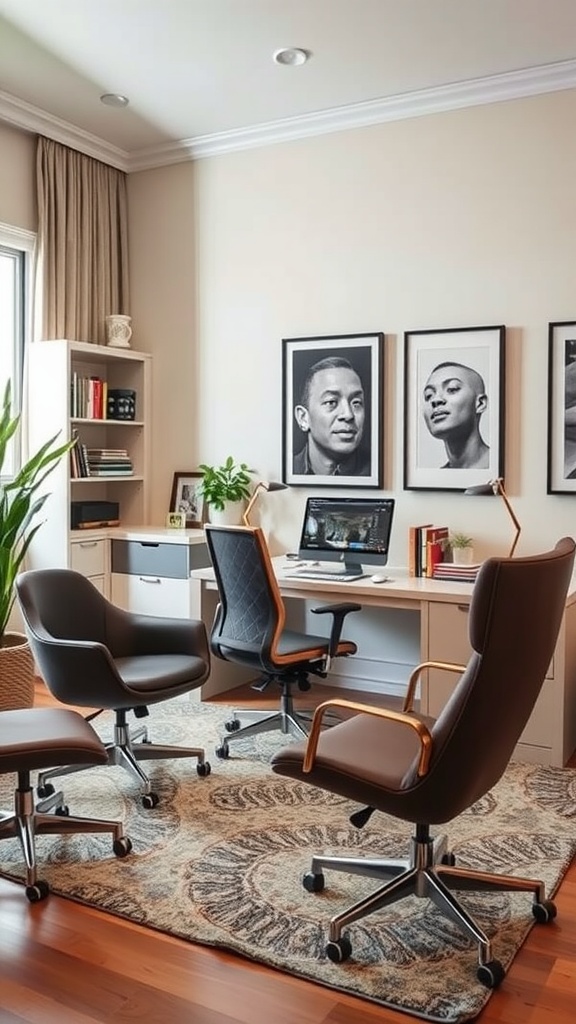 A dark and modern home office featuring two stylish office chairs, one black and one brown, alongside a desk and bookshelf.