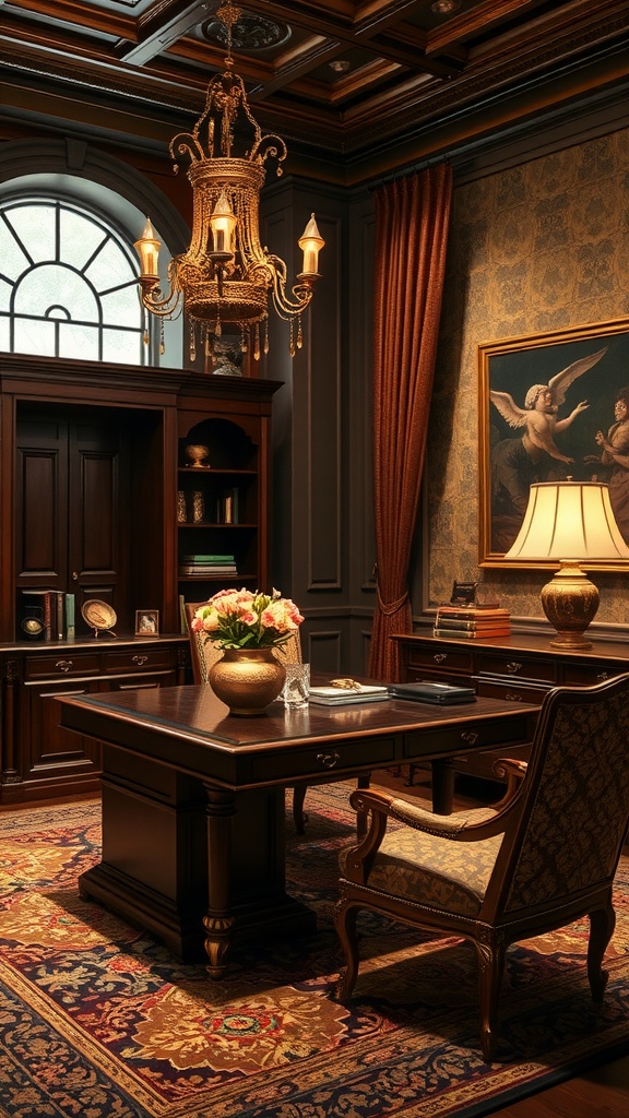 A sophisticated home office with Roman architectural details, featuring a richly decorated ceiling, elegant chairs, and a warm-toned rug.