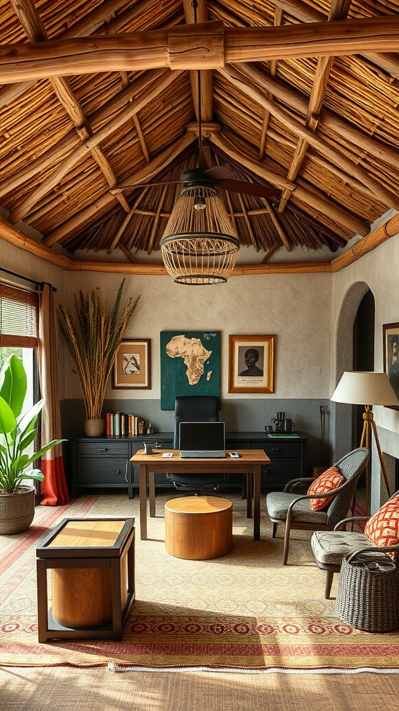 A home office featuring a thatch roof with natural wood accents, plants, and African artwork.