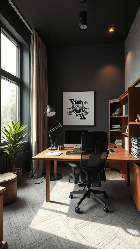 A stylish soundproof home office featuring modern furniture and sound-blocking curtains.