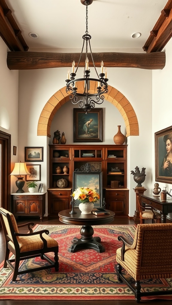 A cozy home office inspired by Spanish Colonial architecture featuring wooden beams, a chandelier, and traditional furnishings.