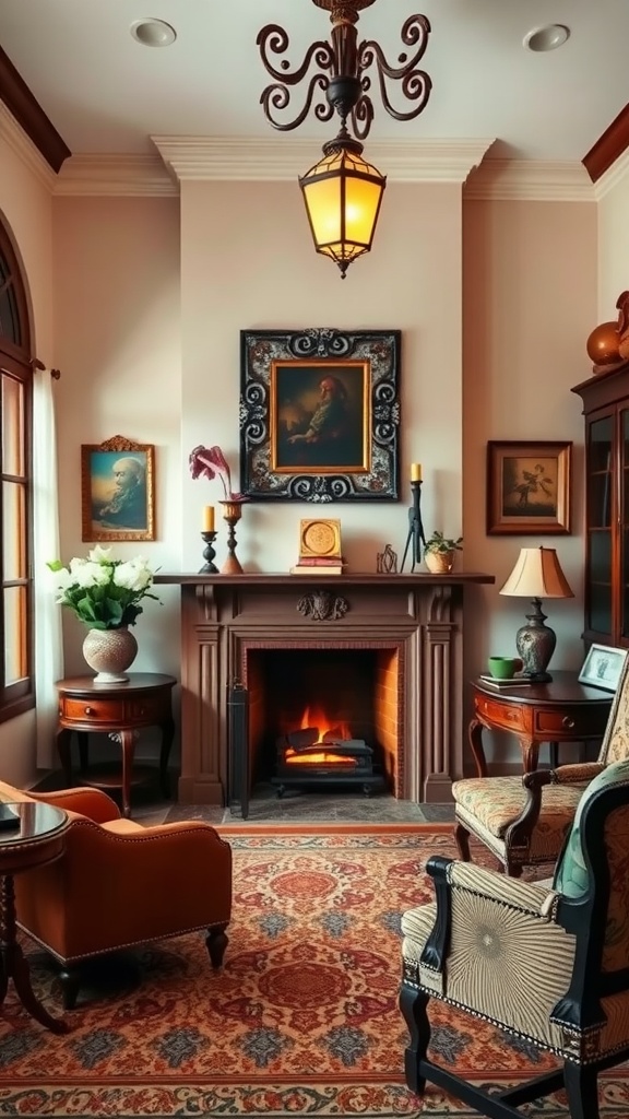 A cozy interior space featuring a fireplace, elegant furniture, and warm lighting, embodying Spanish Revival style