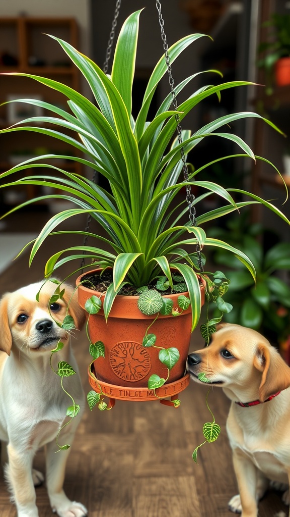 A beautiful Spider Plant hanging above a group of puppies, highlighting its pet-friendly nature.