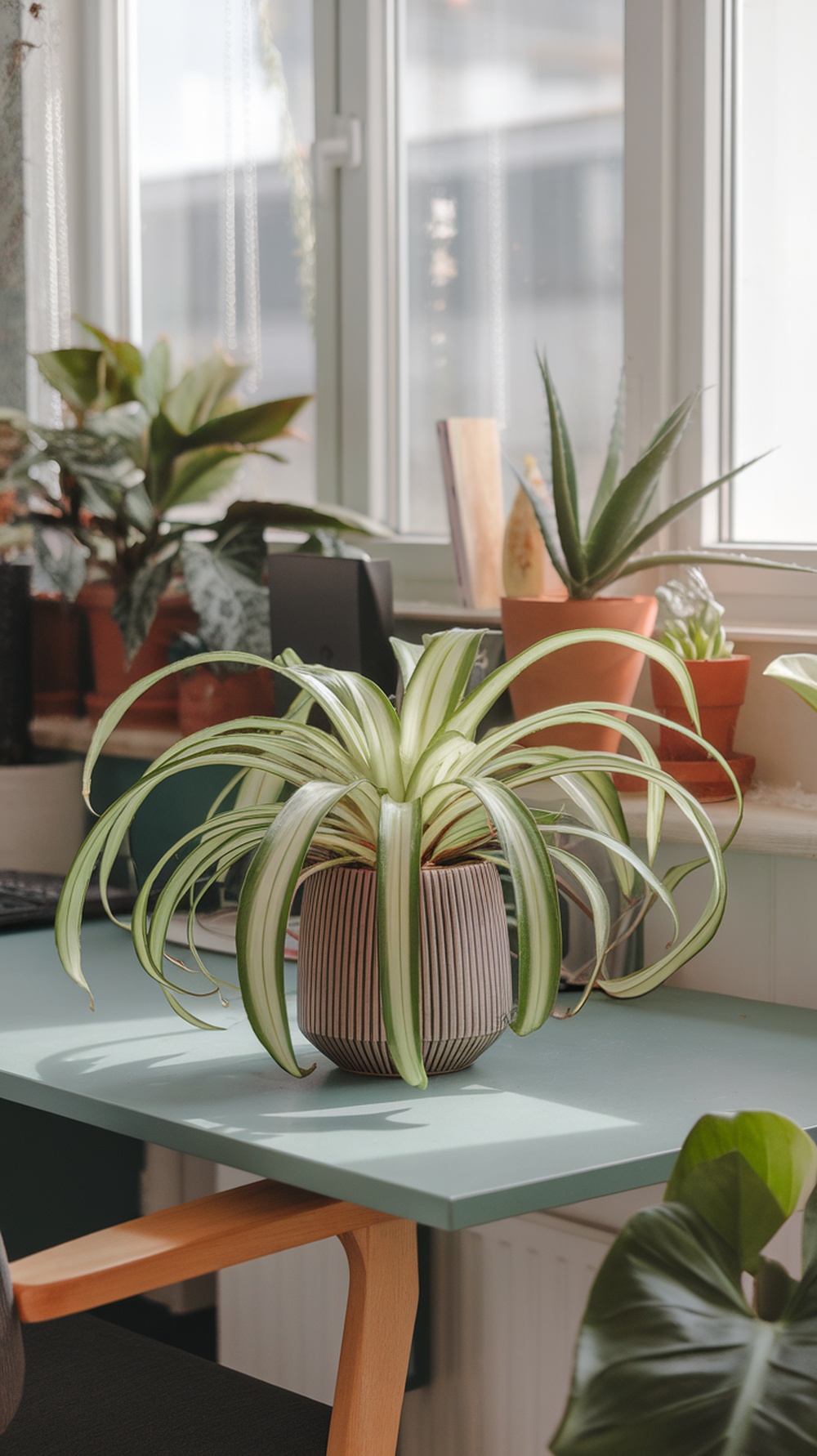 A vibrant Spider Plant in a striped pot sitting on a desk with other greenery in the background.