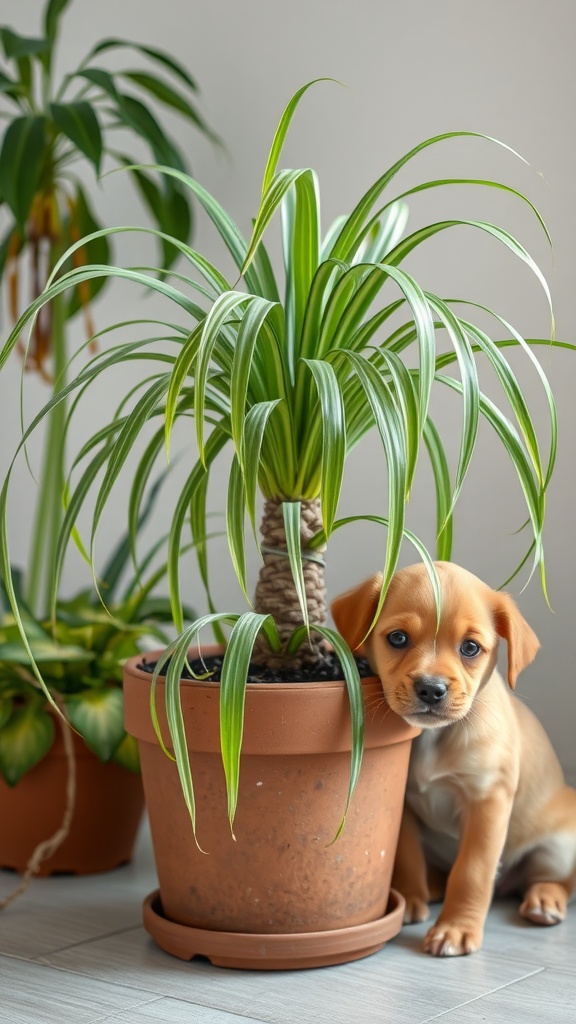 A cute puppy sitting beside a Spider Plant in a pot, showcasing its pet-friendly nature.