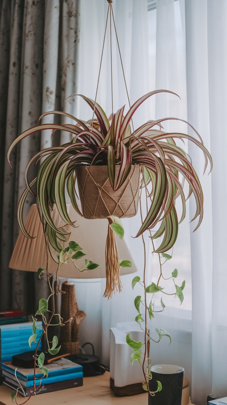 A vibrant spider plant hanging in a modern office setting, showcasing its long leaves and small flowers.