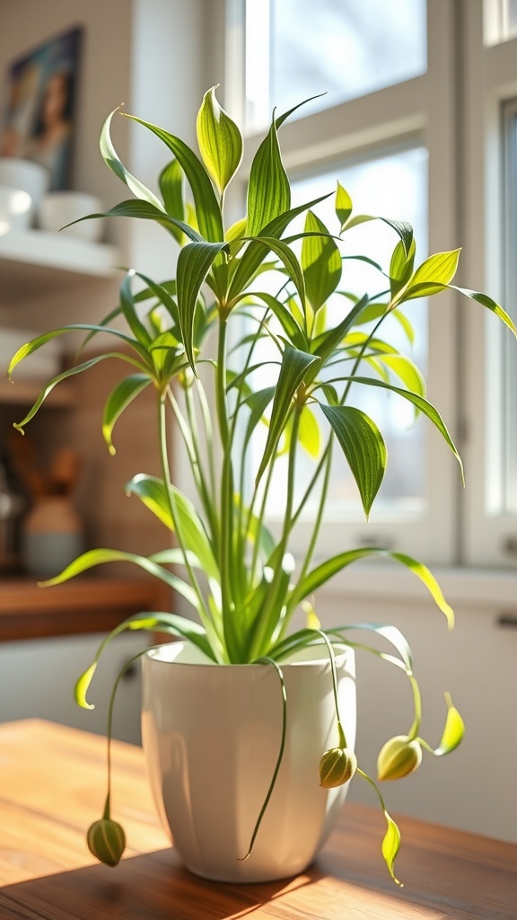 Spider plant in a white pot on a wooden kitchen table, with sunlight filtering through the windows.
