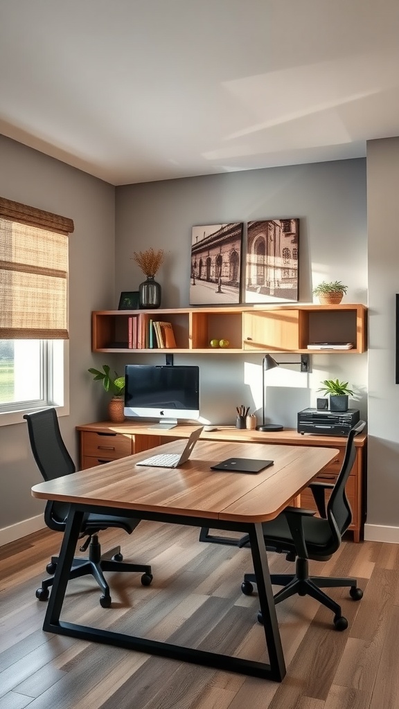 Modern split-level desk design in a masculine home office setup