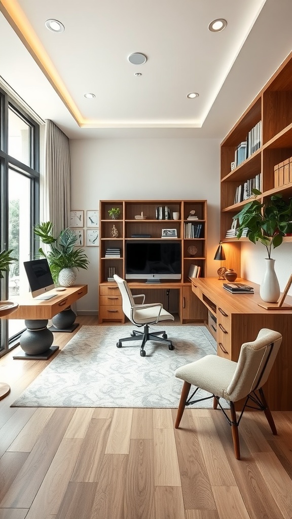 A split-level small home office with wooden furniture, a cozy chair, and plants.