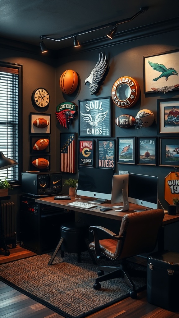 A masculine home office featuring sports memorabilia on the wall, a wooden desk with modern technology, and a dark aesthetic.