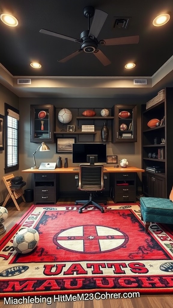 A man cave office featuring a sports-themed rug with a logo, wooden furniture, and a cozy atmosphere.