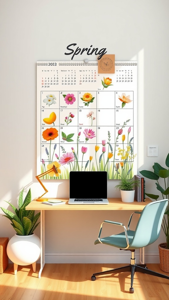 A spring-themed calendar featuring colorful flowers and a bright design hanging on the wall above a modern desk setup.