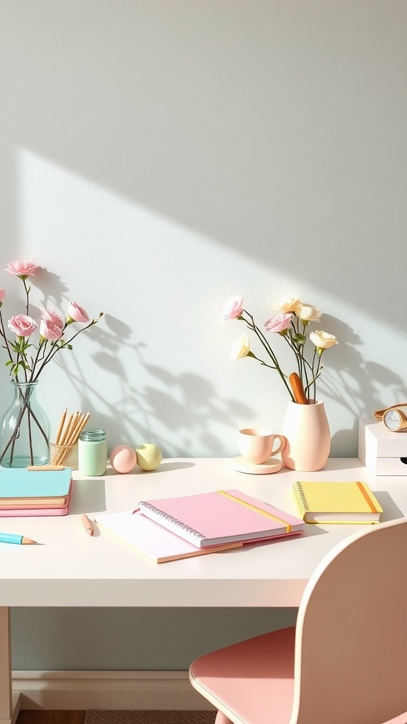 A spring-inspired desk with pastel notebooks, flowers, and a cozy chair.