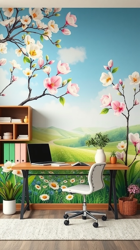 A bright and colorful mural of blooming flowers and rolling hills in a home office setting