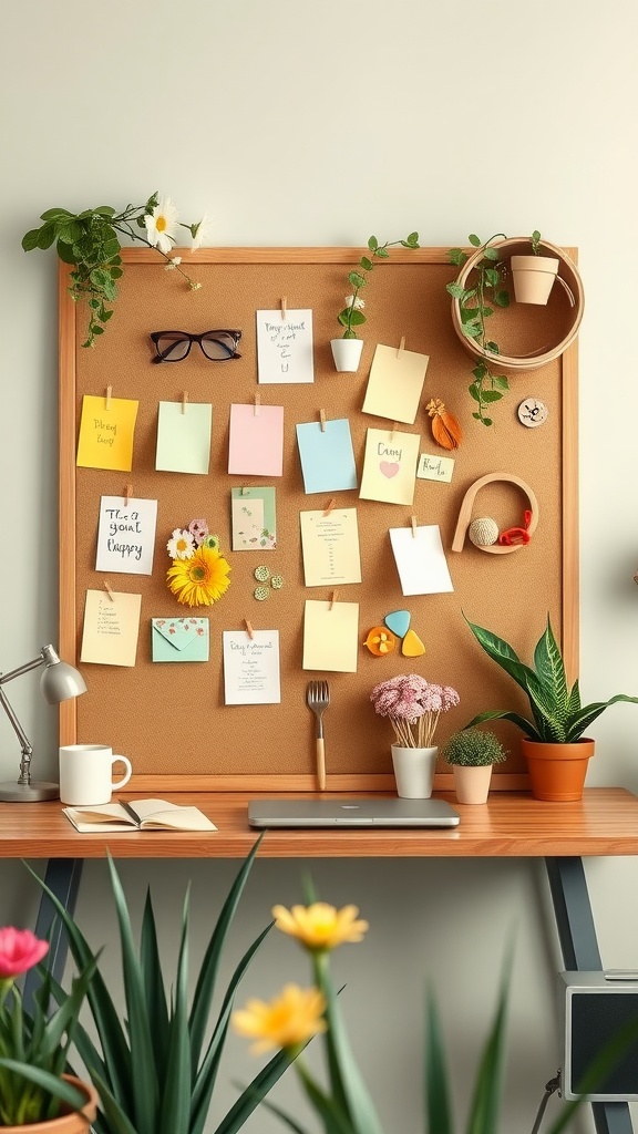 A spring-themed bulletin board with colorful notes, plants, and a cozy workspace.