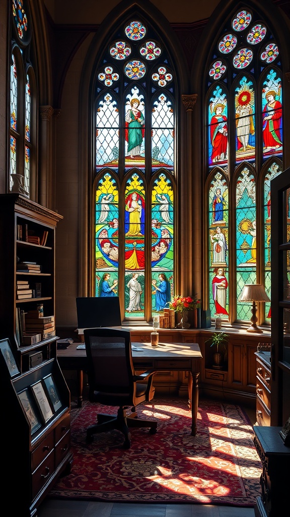 A home office featuring stunning stained glass windows with intricate designs, showcasing a gothic rose window style.